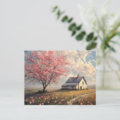 Rustikales Bauernhaus mit blühendem Baum Postkarte (Stehend Vorderseite)