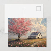 Rustikales Bauernhaus mit blühendem Baum Postkarte (Vorne/Hinten)