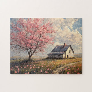 Rustikales Bauernhaus mit blühendem Baum Puzzle