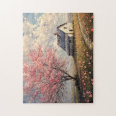 Rustikales Bauernhaus mit blühendem Baum Puzzle (Vertikal)