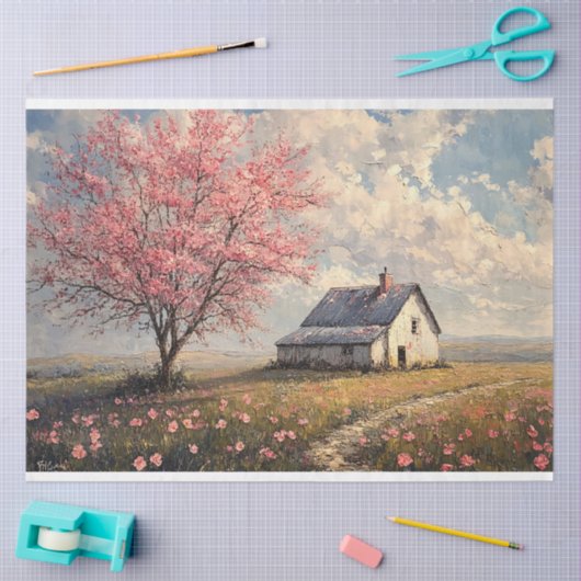 Rustikales Bauernhaus mit blumengeschmücktem Baum Seidenpapier (Basteln)