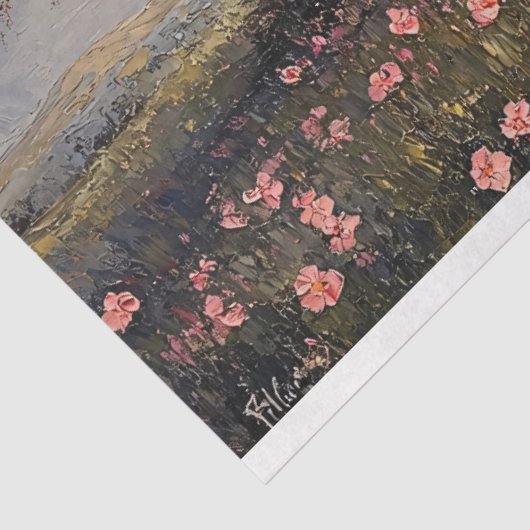 Rustikales Bauernhaus mit blumengeschmücktem Baum Seidenpapier (Ausschnitt)