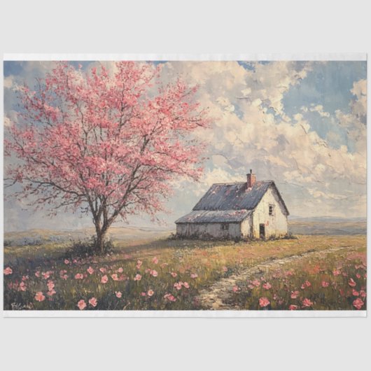 Rustikales Bauernhaus mit blumengeschmücktem Baum Seidenpapier (Vorderseite)