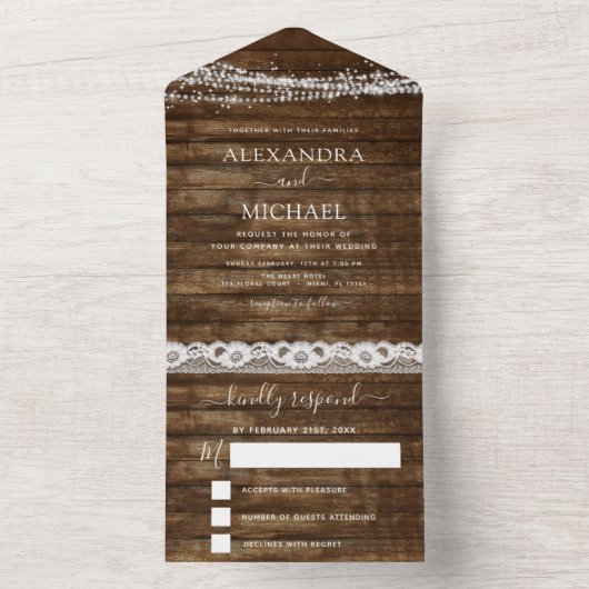 Rustikales Bauernhaus mit Lichterketten auf Hochze All In One Einladung (Innen Boden)