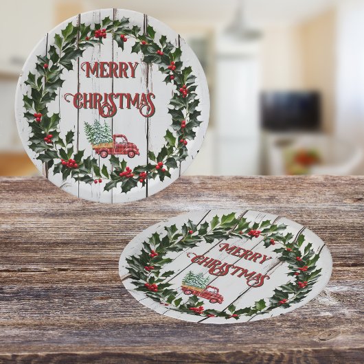 Rustikales Bauernhaus Not leidender Holzroter LKW Pappteller