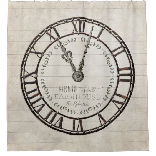 Rustikales Bauernhaus Römische UhrenTypografie Duschvorhang (Vorderseite)