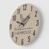 Rustikales Bauernhaus Rooster Burlap Familienname  Große Wanduhr (Winkel)