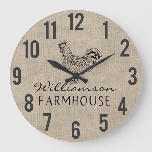 Rustikales Bauernhaus Rooster Burlap Familienname  Große Wanduhr (Vorderseite)