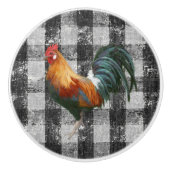 Rustikales Bauernhaus Rooster Schwarz-weiß Gingham Keramikknauf (Vorderseite)