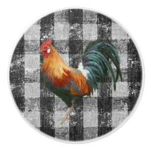 Rustikales Bauernhaus Rooster Schwarz-weiß Gingham Keramikknauf