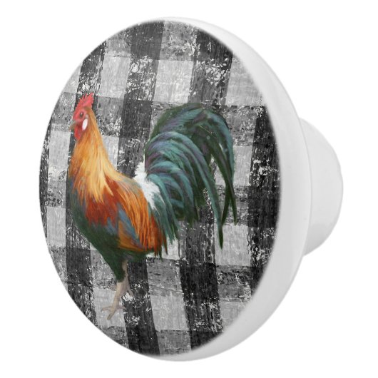 Rustikales Bauernhaus Rooster Schwarz-weiß Gingham Keramikknauf (Rechts)