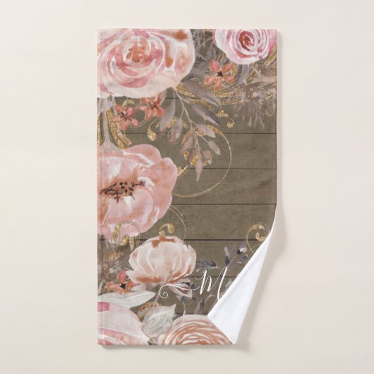 Rustikales Bauernhaus Rosa Wasserfarbe Flora Badhandtuch Set (Handtuch)