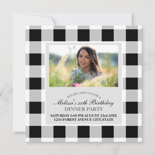 rustikales Bauernhaus Schwarz-weißes Büffel karier Einladung (Vorderseite)