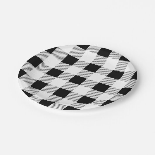 rustikales Bauernhaus Schwarz-weißes Büffel karier Pappteller (Schrägansicht)