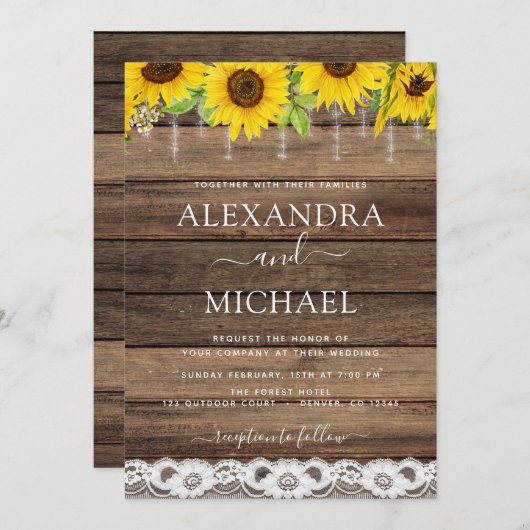 Rustikales Bauernhaus Sonnenblume Rustikale Holzve Einladung (Vorne/Hinten)