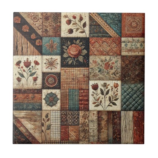 Rustikales Bauernhaus Terracotta Quilt Patchwork B Fliese (Vorderseite)