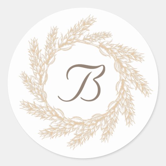 Rustikales Bauernhaus Wheat Wreath | Monogramm Runder Aufkleber (Vorderseite)
