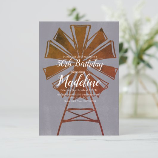 Rustikales Bauernhaus Windmill 50. Geburtstag Einladung (Stehend Vorderseite)