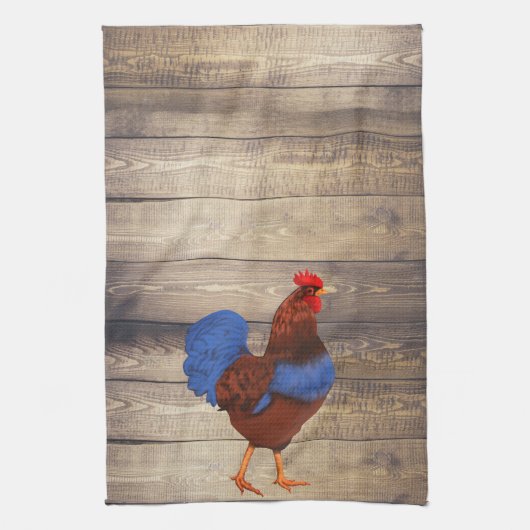Rustikales Bauernhof-Rooster & Holzplanks Geschirrtuch (Vertikal)