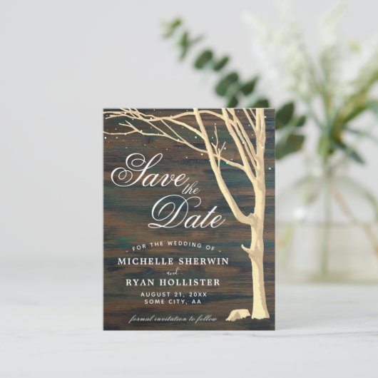Rustikales Baumdiagramm aus dunklem Holz Save The Date (Stehend Vorderseite)