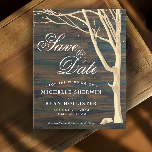 Rustikales Baumdiagramm aus dunklem Holz Save The Date