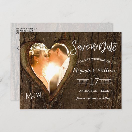 Rustikales Baumherz-Foto Save the Date Hochzeit Po Postkarte (Vorne/Hinten)