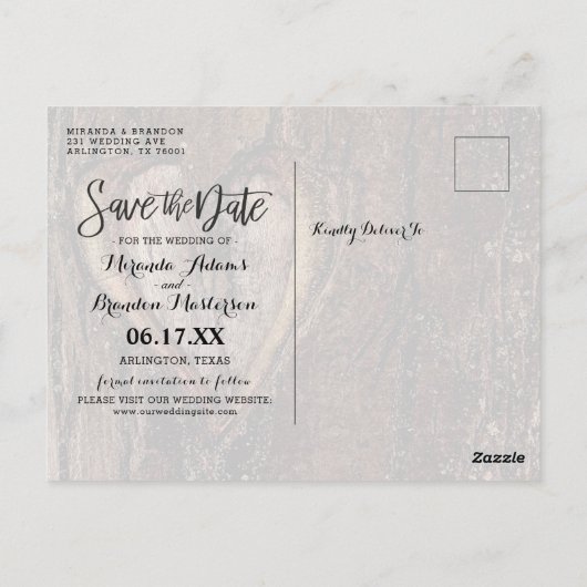 Rustikales Baumherz-Foto Save the Date Postkarte (Rückseite)