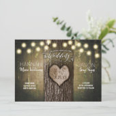 Rustikales Baumherz-Licht zum Hochzeitsempfang Einladung (Stehend Vorderseite)