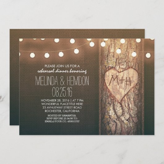 rustikales Baumherz & Saitenleuchten Probe Dinner Einladung (Vorne/Hinten)