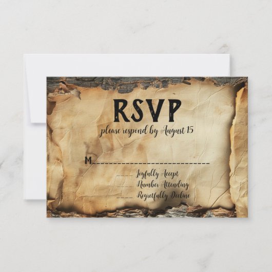 Rustikales Baumrinde-Pergamentpapier Hochzeit RSVP Einladung (Vorderseite)