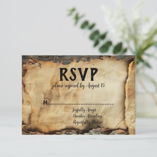 Rustikales Baumrinde-Pergamentpapier Hochzeit RSVP Einladung (Stehend Vorderseite)