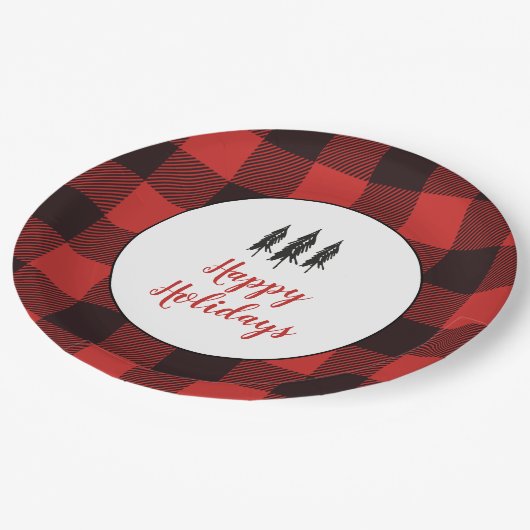 Rustikales Baumuster rot und schwarz Flanell Muste Pappteller (Schrägansicht)