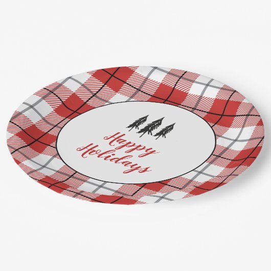 Rustikales Baumuster, rot und weiß Flanell Muster Pappteller (Schrägansicht)