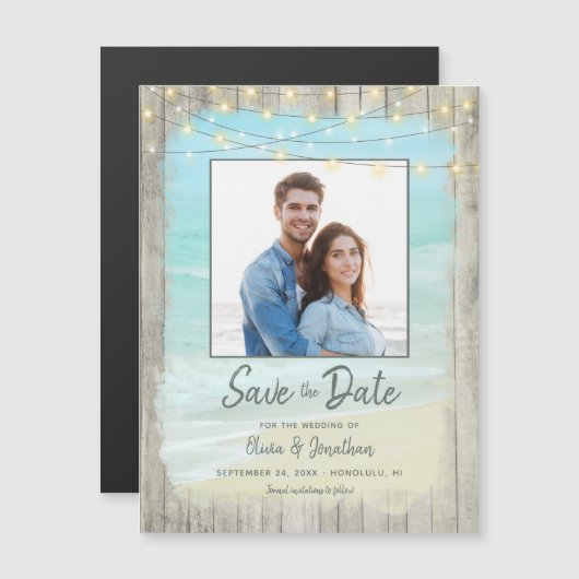 Rustikales Beach String Lights Foto Save the Date Magneteinladung (Vorne/Hinten)