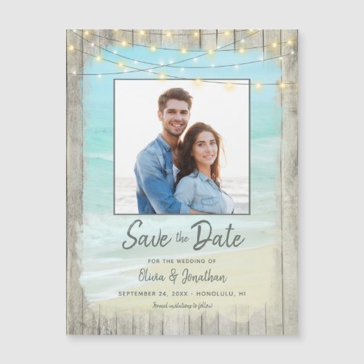 Rustikales Beach String Lights Foto Save the Date Magneteinladung (Vorderseite)