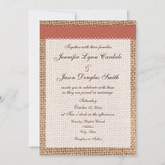Rustikales, bedrucktes Burnt Orange Ribbon Hochzei Einladung (Vorderseite)