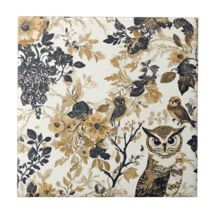 Rustikales Beige-Eulen-Waldblumenmuster Fliese