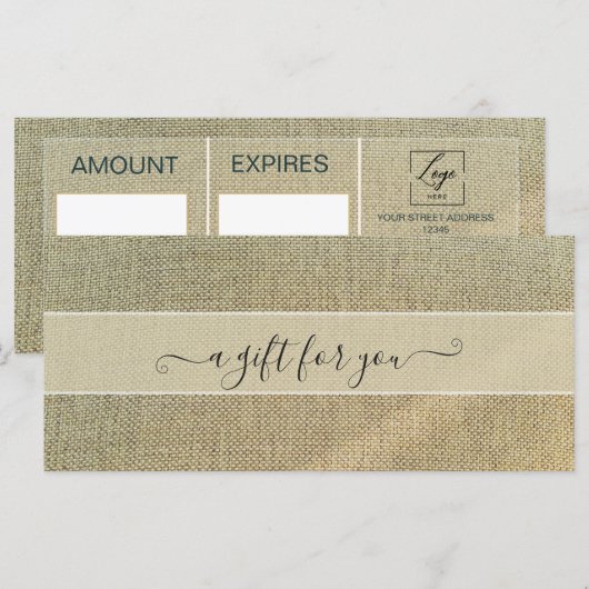Rustikales Beige Leinen Geschenkgutschein (Vorne/Hinten)