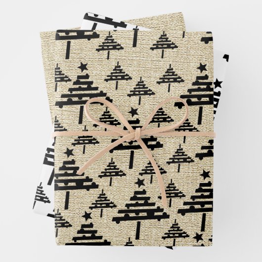 Rustikales Beige Schwarzes Einfaches Weihnachtsbau Geschenkpapier Set (Beispiel)