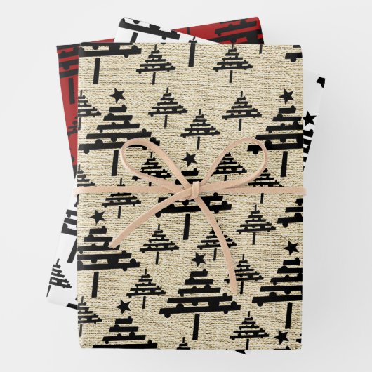 Rustikales Beige Schwarzes Weihnachtsbaummuster Geschenkpapier Set (Beispiel)