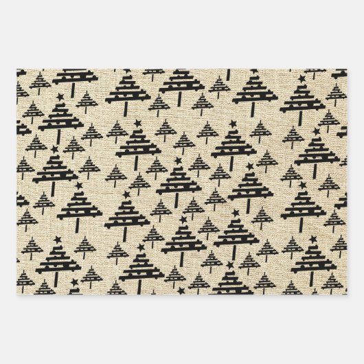 Rustikales Beige Schwarzes Weihnachtsbaummuster Geschenkpapier Set (Vorderseite)