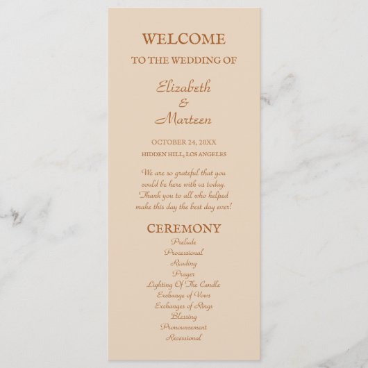 Rustikales Beige Terra Cotta Herbst Hochzeitsprogr Programm (Vorderseite)