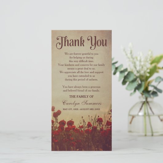 Rustikales Beileid des Mohnblumen-Feld-| danken Dankeskarte (Stehend Vorderseite)