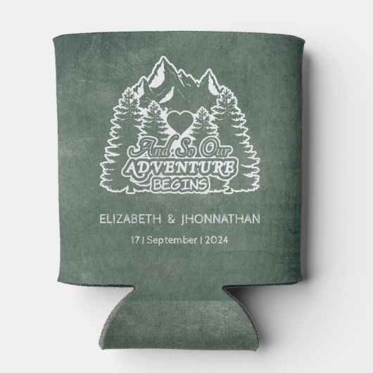 Rustikales Bergabenteuer beginnt Grüne Hochzeit Dosenkühler (Rückseite)