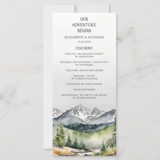 Rustikales Bergabenteuer beginnt Hochzeitsprogramm (Vorderseite)