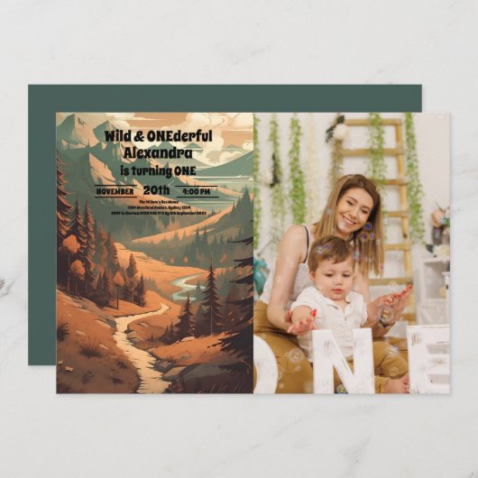 Rustikales Bergwald Foto 1. Geburtstag Einladung (Vorne/Hinten)