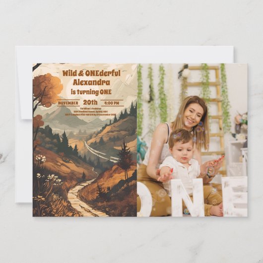 Rustikales Bergwald Foto 1. Geburtstag Einladung (Vorderseite)