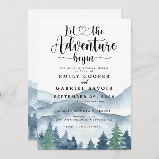 Rustikales Bergwald Hochzeit Probe Dinner Einladung (Vorne/Hinten)