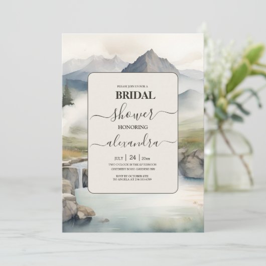 Rustikales Bergwasser Wasserfall Boho Brautparty Einladung (Stehend Vorderseite)