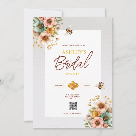 Rustikales Bienenthema QR Code Bridal Dusche Einla Einladung (Vorderseite)